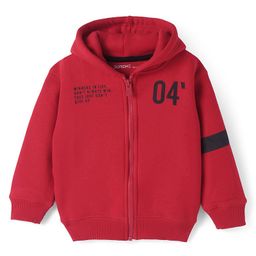 Doreme Fleece Knit Full Sleeves Hooded Sweatjacket Text Print - Red-image-47