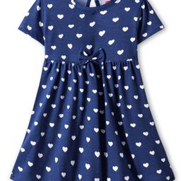 Babyhug Single Jersey Knit Half Sleeves Frock with Hearts Print & Bow Applique - Navy Blue-image-7