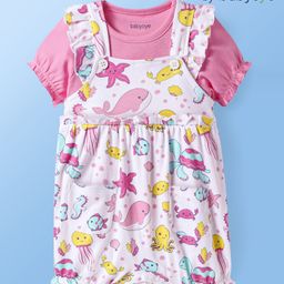 BabyoyeEco Conscious 100% Cotton Interlock Knit with Eco Jiva Finish Half Sleeves T-Shirt with Dungaree Style Romper Sea Life Print - Pink & Blue-image-17