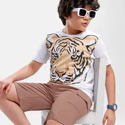 OLLINGTON ST. 100% Cotton Knit HalfSleeves T-Shirt & Shorts Set with Tiger Print - White & Brown-picture-10