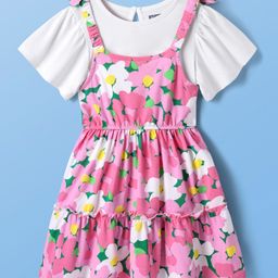 Pine Kids Cotton Knit Floral Printed Tiered Frock with Half Frill Sleeves Inner Tee - Pink & White-image-68