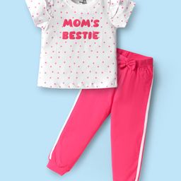 Doodle Poodle 100% Cotton Knit Text Printed Half Sleeves T-Shirt & Lounge Pant Set with Tape Detailing - White & Dark Pink-image-27