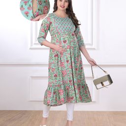 Bella Mama Woven Three Fourth Sleeves Floral Printed Maternity Kurta with Contrast Yoke - Mint Green-image-91