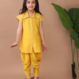 Kinder Kids Jacquard Half Sleeves Floral Foil Printed Shirt Style Kurta & Dhoti Set - Yellow-picture-42