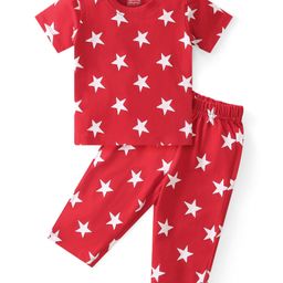 Babyhug Cotton Knit Half Sleeves Night Suit Star Print - Red-image-57