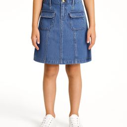 Arias 100% Cotton Knit Washed Denim Skirt With Pockets - Blue-image-31