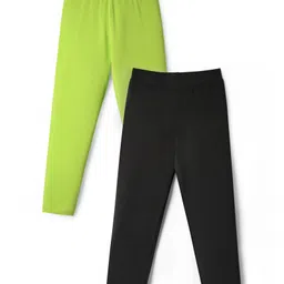 Pine Kids Cotton Lycra Knit Full Length Solid Coloured Leggings Pack Of 2- Black & Green-picture-19