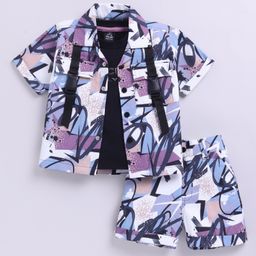 LITTLE COLLARS Half Sleeves Abstract Printed Shirt & Coordinating Shorts With Inner Tee Set - Lavender-image-36