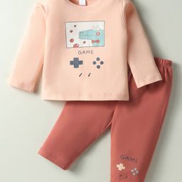 Tango Interlock Knit Full Sleeves T-Shirt & Lounge Pant Set With Game Print - Light Orange-image-37