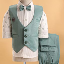 Radutu Full Sleeves Ribbed & Stars Printed 3 Piece Party Suit With Bow Set - Sea Green & White-image-57