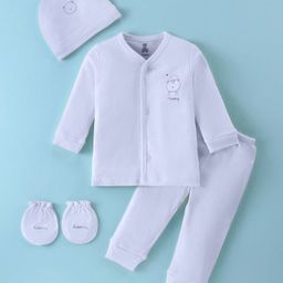 I Bears Interlock Knit Full Sleeves Animal Printed Front Open Night Suit With Cap & Mittens - Light Blue-image-61