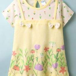 Tango Interlock Knit Half Sleeves Frock With Floral & Bow Applique - Yellow-image-48