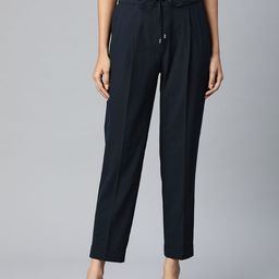 Marks & Spencer Women Navy Blue Solid Loose Fit Pleated Trousers-49