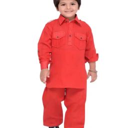 AJ Dezines Kids Red Regular Fit Full Sleeves Kurta Set-image-2