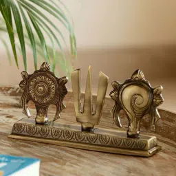 ExclusiveLane Golden Brass Shankh Chakra Namah Religious Showpiece Idol-image-28