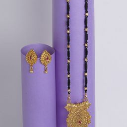 Shining Glory Gold-Plated Artificial Stones Studded & Beaded Mangalsutra With Earrings-image-87