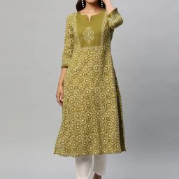 Kami Kubi Olive Cotton Block Print A Line Kurta-image-56