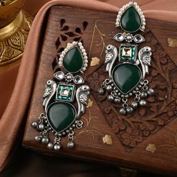 VENI 92.5 Silver Plated Oxidized Artificial Stones Studded Animal Shaped Drop Earrings-picture-13