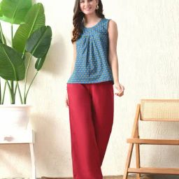 DECKEDUP Blue Cotton Block Print Sleeveless Top-image-3