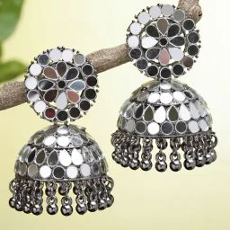 Karatcart Black Silver Plated Mirror Jhumki Earrings for Women-7