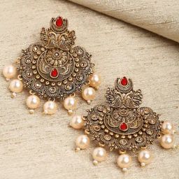 Karatcart Gold-Plated Red Floral Design Golden Pearl Dangler Earrings for Women-27