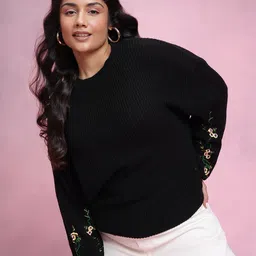 DressBerry Curve Plus Size Embroidered Sleeves Ribbed Pullover-picture-29
