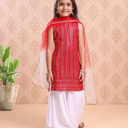 Babyhug Sleeveless Kurti & Sharara With Dupatta Sequins Embroidered - Red-image-69