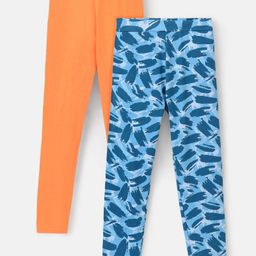 Pine Kids Full Length Cotton Biowashed Stretchable Leggings Grunge Ombre Print & Solid Pack Of 2 - Blue Orange-image-13