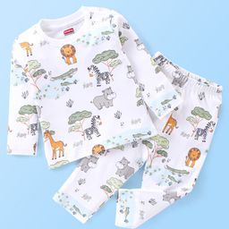 Babyhug Interlock Cotton Knit Full Sleeves Night Suit Jungle Print - White-image-32