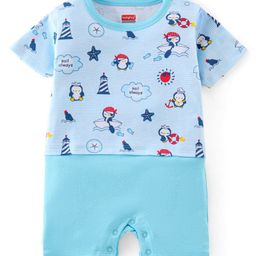 Babyhug 100% Cotton Half Sleeves Romper With Penguin Print - Blue-image-79