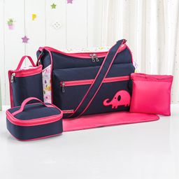 Babyhug Mother Bag with Accessories Combo With Elephant Print Set of 5 - Navy & Pink-28