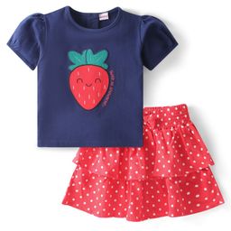 Babyhug Half Sleeves Strawberry Patch Tops & Polka Dotted Layered Skirt - Navy & Red-image-45