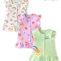 Babyoye Cotton Knit Frill Sleeves Rainbow & Hearts Printed Vests Pack of 3 - Multicolour-image-32