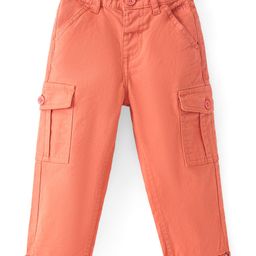 Babyhug Cotton Lycra Woven Full Length Solid Colour Stretchable Trousers with Cargo  Pockets - Coral-image-92