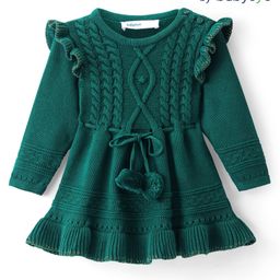 Babyoye Cotton Knit Full Sleeves Woollen Dress with Cable Knit Design & Frill Detailing - Green-picture-15