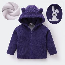 Kookie Kids Full Sleeves Hooded Fur Jacket with Bunny Patch & 3D Applique - Purple-image-57