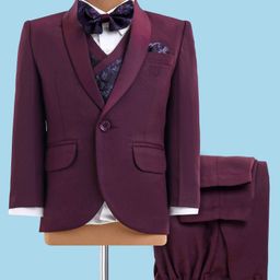 Robo Fry Woven Full Sleeves Solid & Floral Printed 4 Piece Party Suit with Bow - Maroon-picture-25
