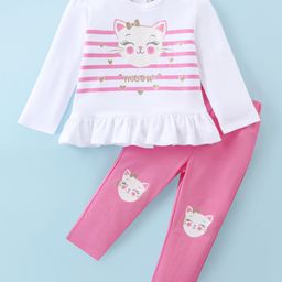 ToffyHouse 100% Cotton Knit Full Sleeves Top & Lounge Pants Set With Kitten Print - White & Pink-image-30