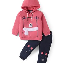 Kookie Kids Terry Knit Full Sleeves Hooded Winter T-Shirt & Joggers Set with Bear Graphics - Pink & Black-image-63