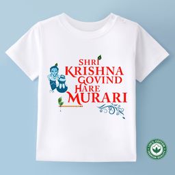 BLUSHES Janmashtami Theme 100% Cotton Half Sleeves Shri Krishna Govind Hare Murari Text Printed Tee - White-image-35