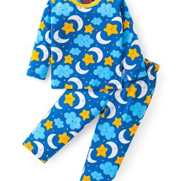 Babyhug Cotton Knit Full Sleeves Night Suit With Moon & Stars Print - Blue-image-25
