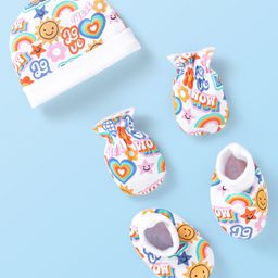 Babyhug 100% Cotton Knit Cap Mittens & Booties Set with Sun Heart & Text Print - White-4
