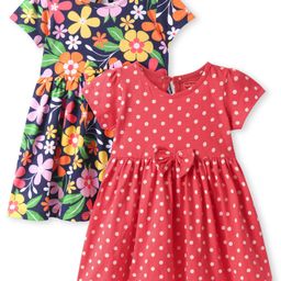 Babyhug Single Jersey Knit Half Sleeves Dresses With Polka Dot & Floral Print & Bow Applique Pack of 2 - Red & Navy Blue-image-15