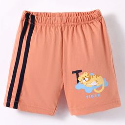 Tango Single Jersey Knit Knee Length Shorts with Tiger Print & Tape Detailing - Peach-image-20