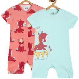 MINI KLUB Cotton Pack Of 2 Half Sleeves Horse Printed Rompers - Peach & Blue-image-32