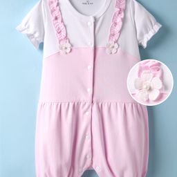Mark & Mia Cotton Knit Half Sleeves Romper with Frill & Floral Applique - Pink & White-image-37