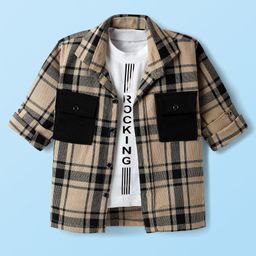 Rikidoos Full Sleeves Checked Shirt With Typography Printed Tee - Khaki & White-image-66