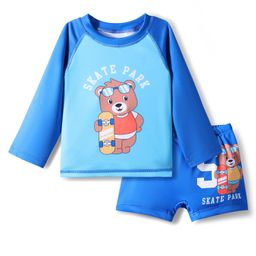 Babyhug Full Raglan Sleeves Water Repellent Two Piece Swimsuit with Bear Print - Blue-image-32