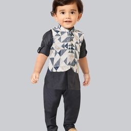 little desi Jute Cotton Full Sleeves Solid Kurta & Pyjama With Geometric Printed Jacket - Navy Blue-image-46