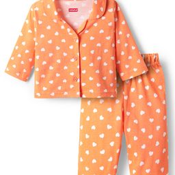 Babyhug Cotton Knit Full Sleeves Co-ords Night Suit with Polka Dots Print - Orange-image-27